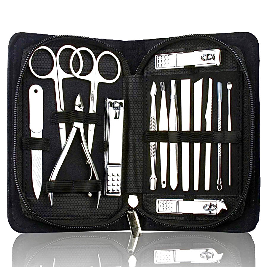 15 Pc Stainless Steel Cosmetic Manicure Tool Set + Case - Scissors, Nail File, Nail Clippers, Ear Wax Cleaner, Pimple Popper, Cuticle Cutters, Tweezers & More